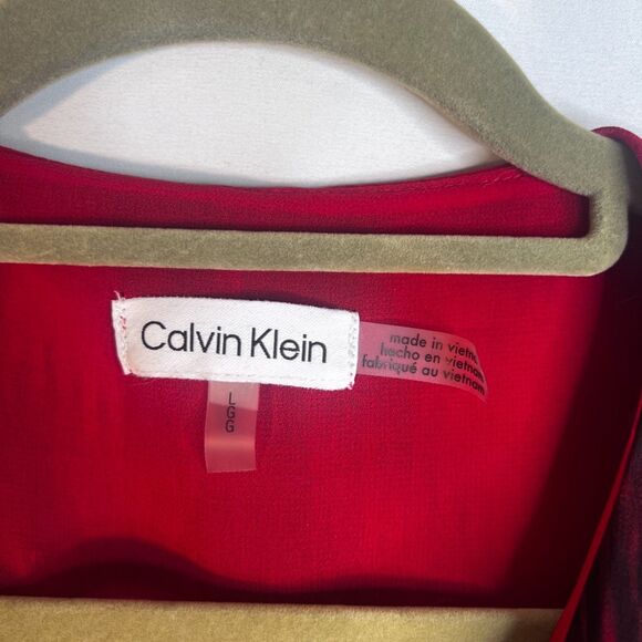 Calvin Klein Abstract Red Ruffle Vneck Peplum Waist Blouse Dressy Bold Size LG - Picture 7 of 10